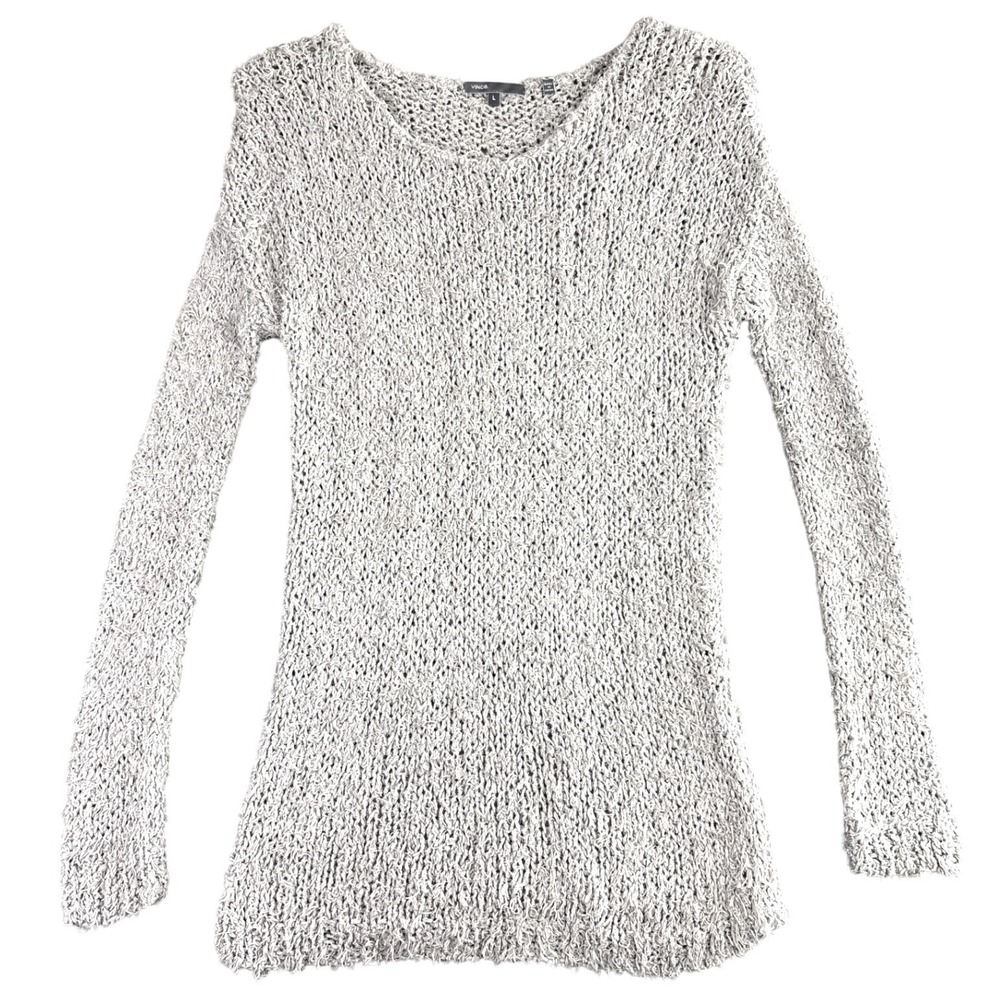 Vince Women's Large Knit Sweater Silver‎ Metallic Sparkle Long Sleeve Open Knit